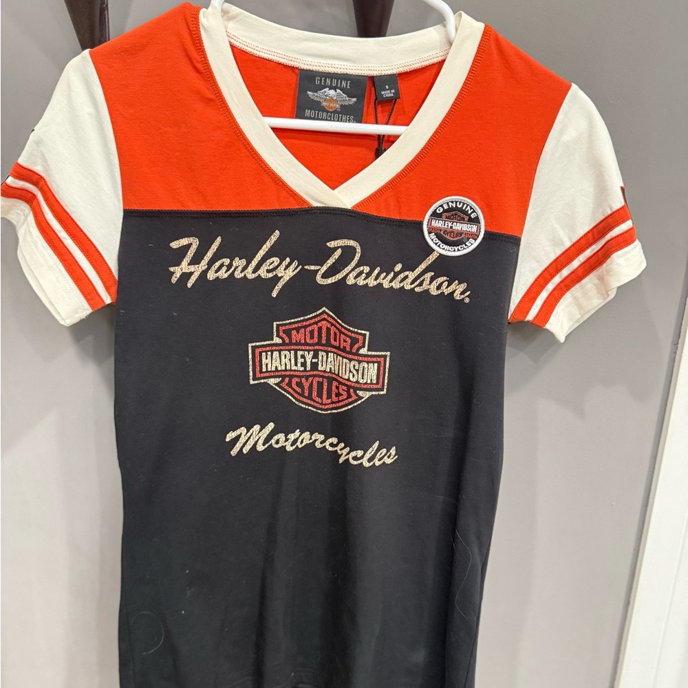 Harley-Davidson women's tee in Black, Orange, and White